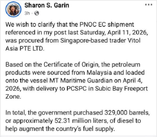 Malaysia Diesel Shipment to Philippine - Philippines Department of Energy DOE Endersecretary Sharon S Garin