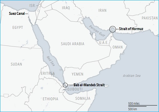 Iran War - Strait of Hormuz and Bab al-Mandeb Strait - Map